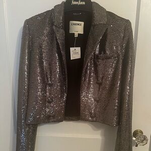 L'AGENCE Size 4 Silver Sequin Women's Jacket “Inez Shimmer Crop Blazer”
